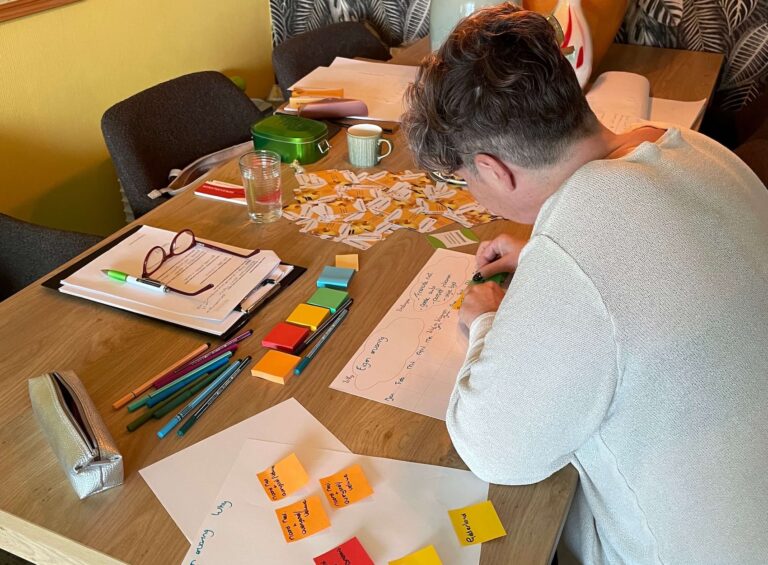 Ondernemer werkt met post-its en papier aan haar jaarplan