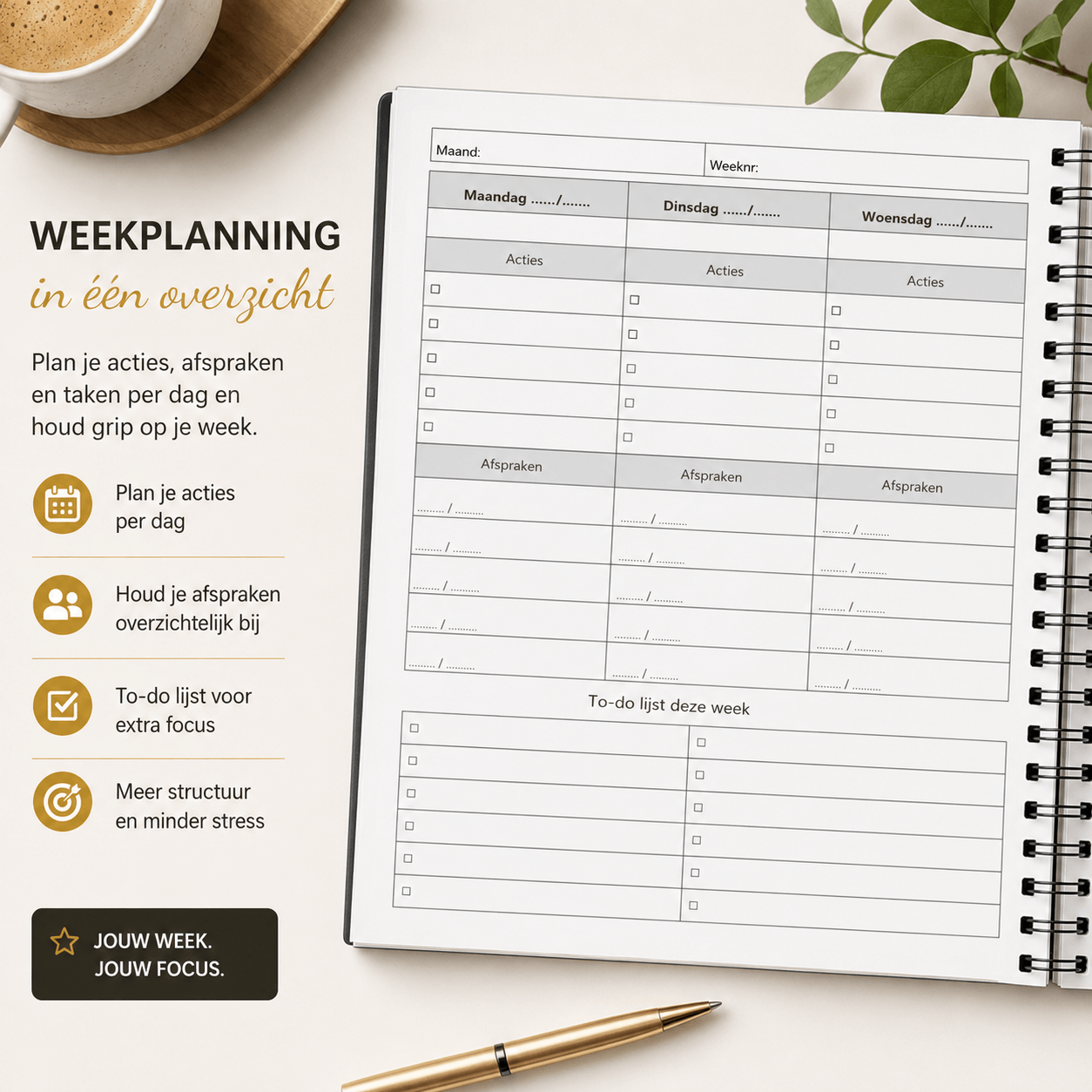 Cijfers & Structuur Slim plannen - weekplanner - papieren planner - datumloos