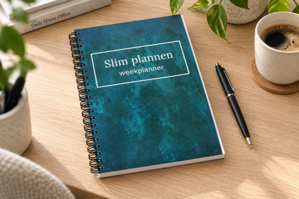 Weekplanner Slim plannen in petrol op een houten bureau, met pen en koffie
