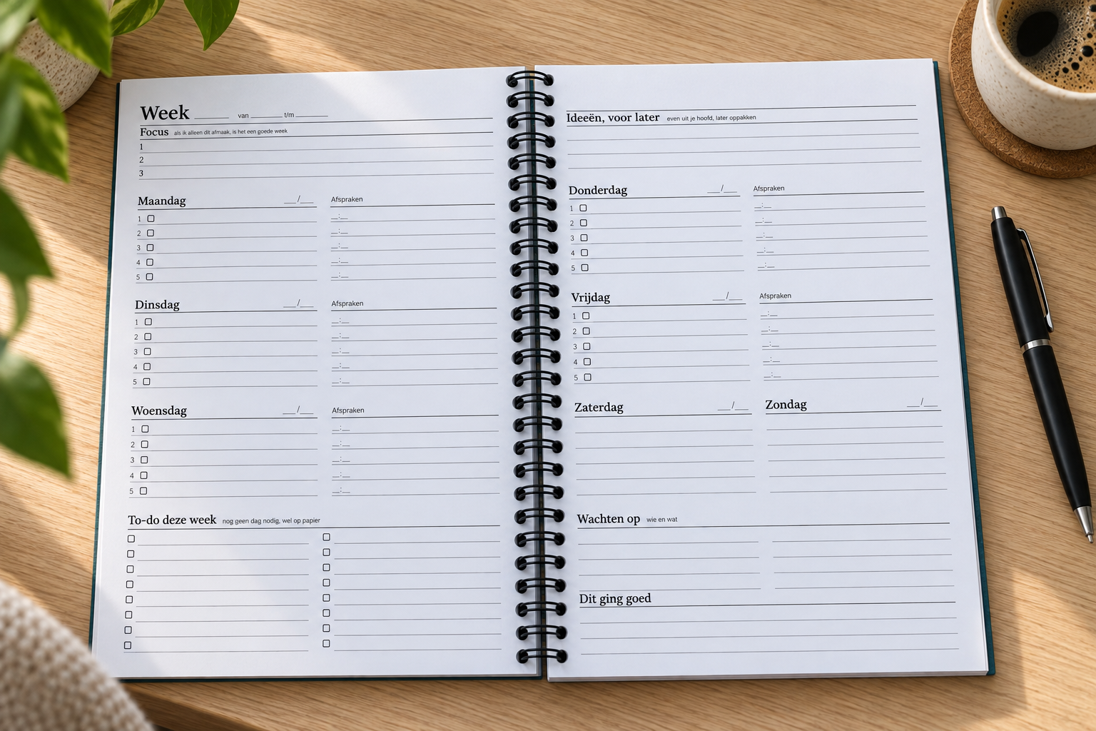 Opengeslagen weekplanner Slim plannen: links focus, maandag tot en met woensdag en to-do deze week, rechts donderdag tot en met zondag, wachten op en dit ging goed
