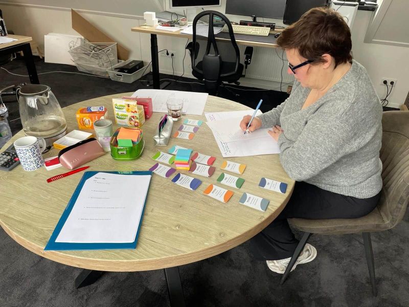 Ondernemer schrijft aan haar jaarplan aan een ronde tafel vol kaartjes en post-its