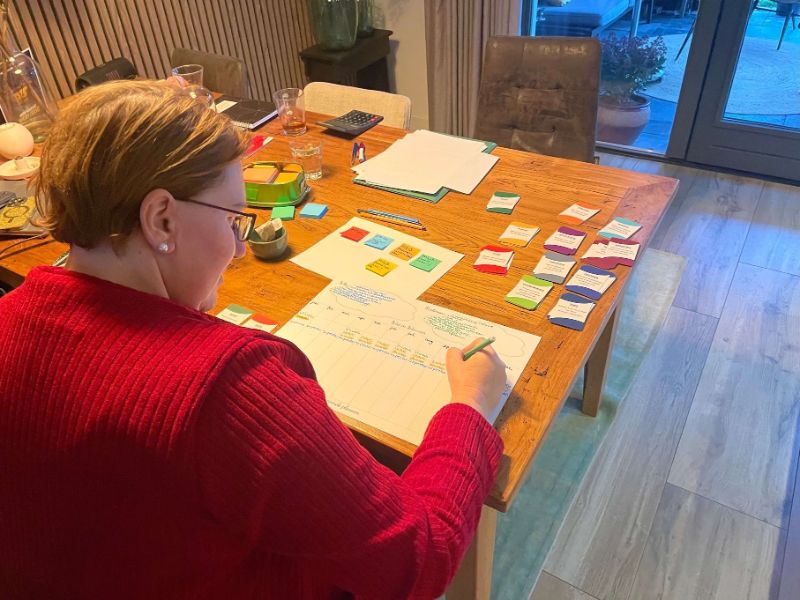 Ondernemer werkt aan tafel aan haar plan voor het nieuwe jaar